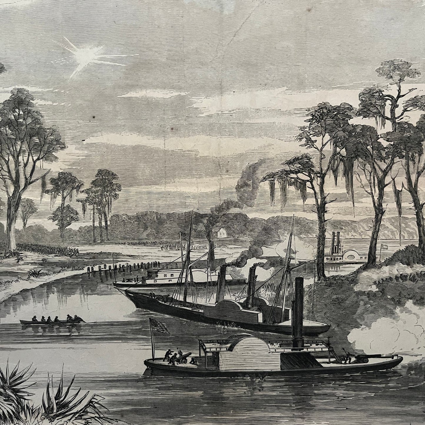 Fight at Corney's Bridge Bayou Teche LA Original 1863 Civil War Engraving C84