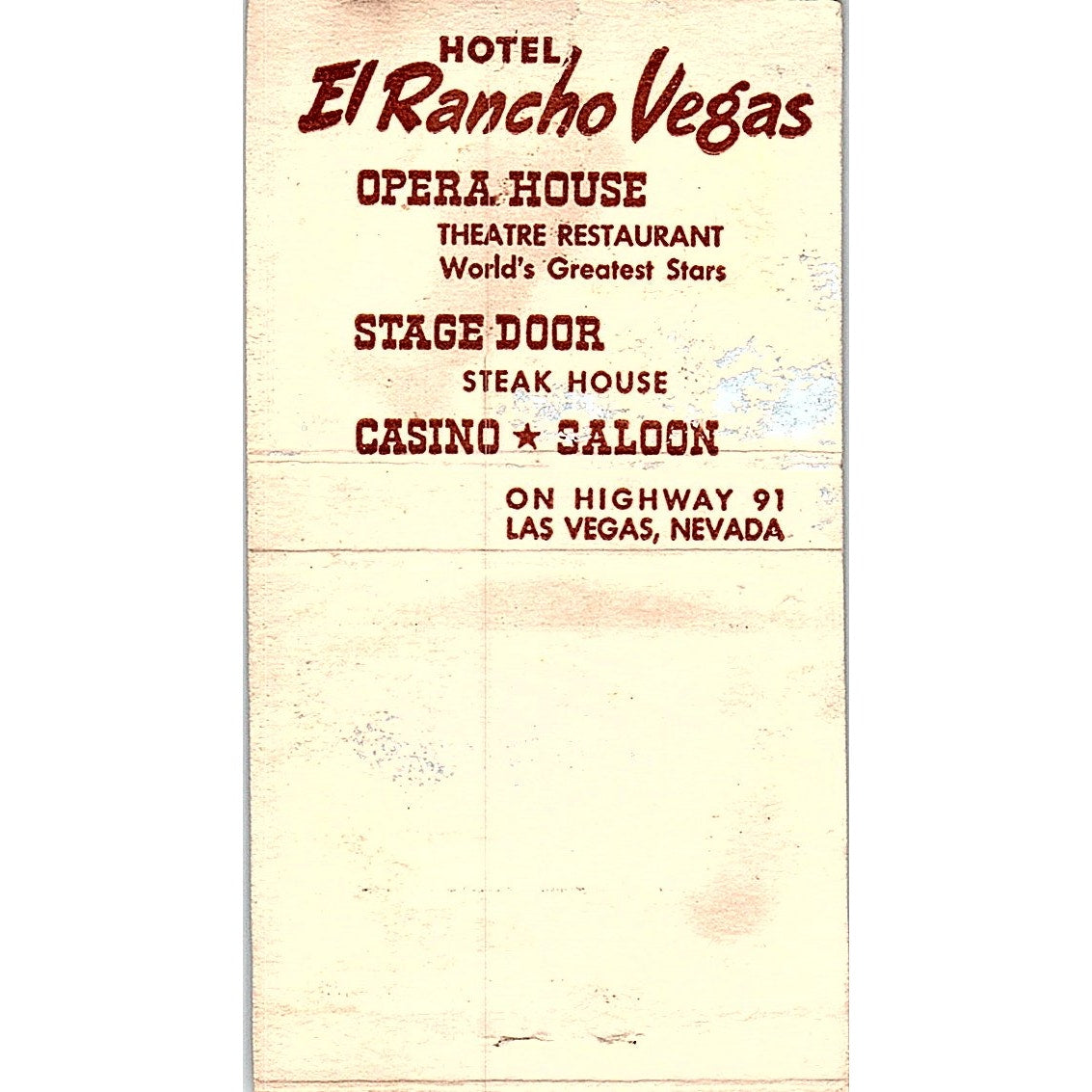 Hotel El Rancho Opera House Las Vegas NV Vintage Matchbook Cover SF3-Y4