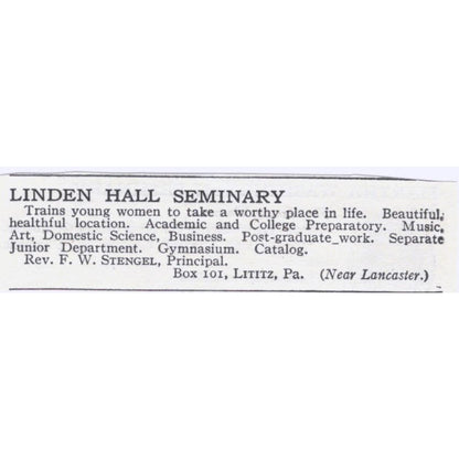 Linden Hall Seminary F.W. Stengel Lancaster PA c1918 Advertisement AE5-SA10