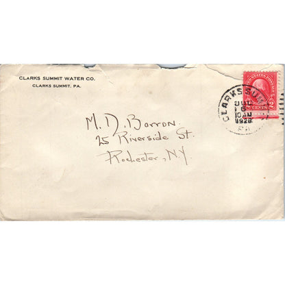 1928 Clarks Summit Water Co PA MD Barron Rochester NY Postal Cover Envelope AE6