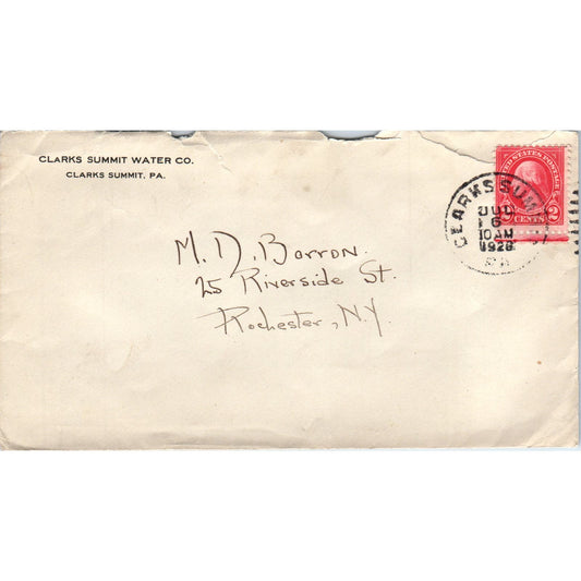 1928 Clarks Summit Water Co PA MD Barron Rochester NY Postal Cover Envelope AE6