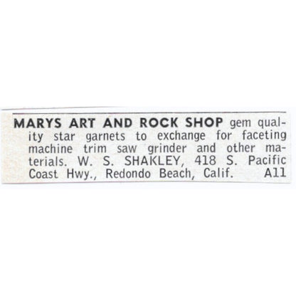 Mary's Art and Rock Shop W.S. Shakley Redondo Beach CA 1964 Magazine Ad AB6-LJS4