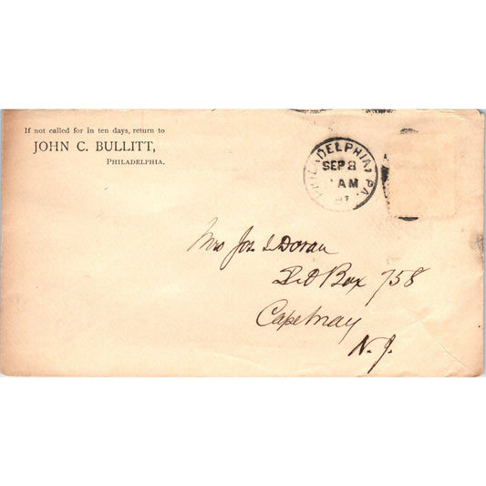 1887 John C. Bullitt Philadelphia to Jos. Doran Cape May NJ Postal Cover TG7-PC3