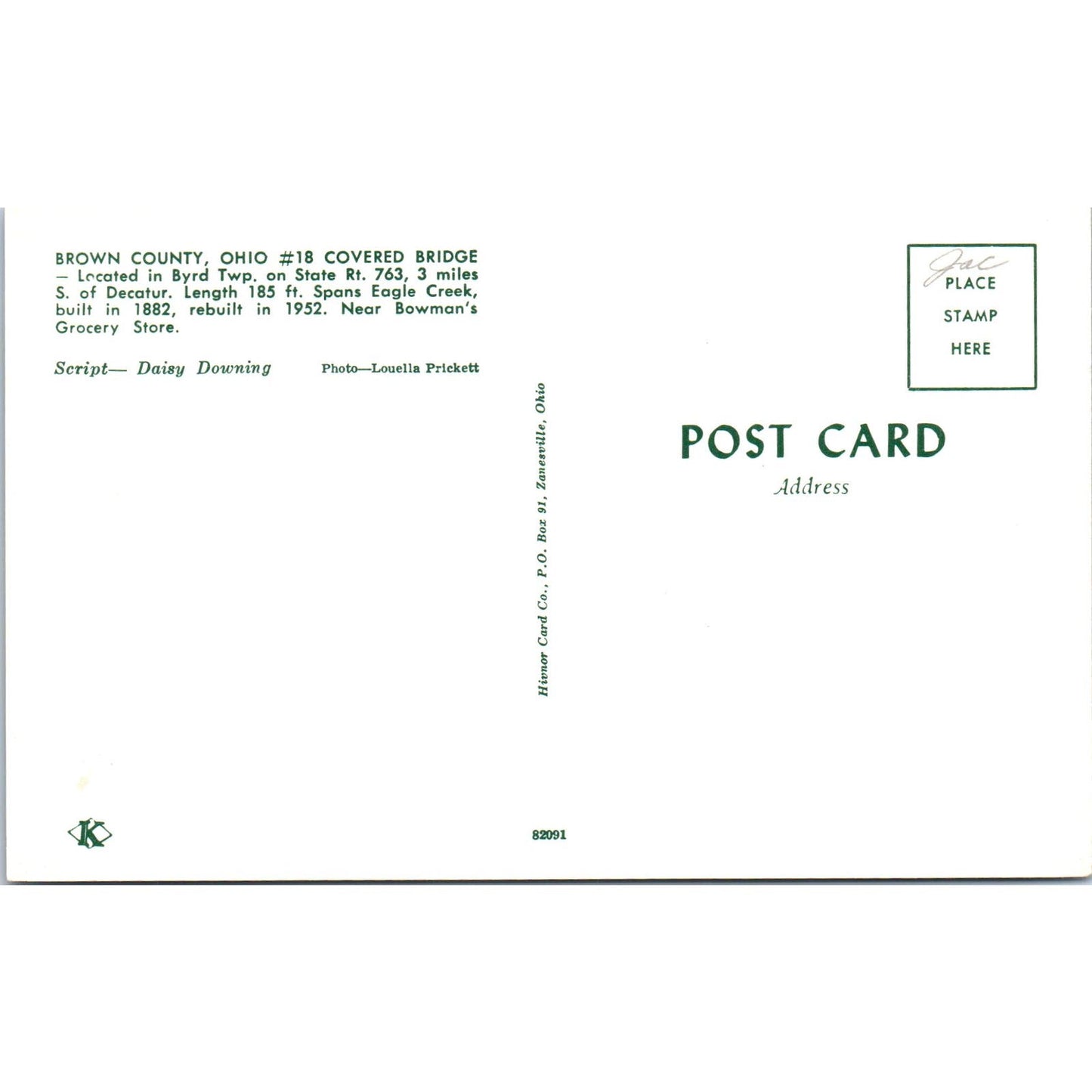 Brown County Ohio Byrd Twp #18 Covered Bridge Postcard PB10