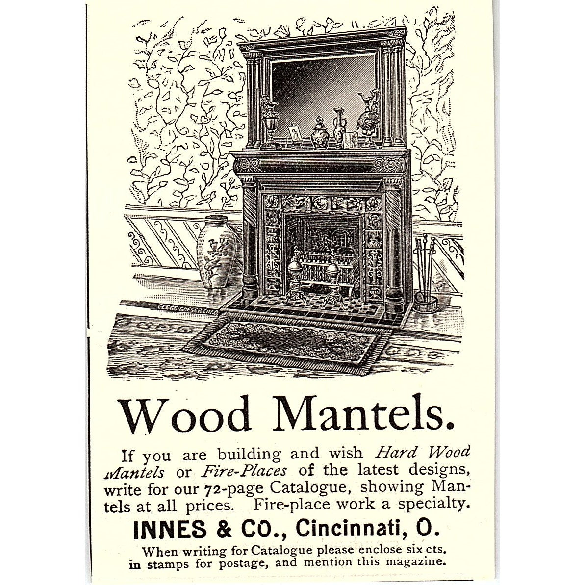 Wood Mantels - Innes & Co Cincinnati OH 1892 Ad AG2-M10