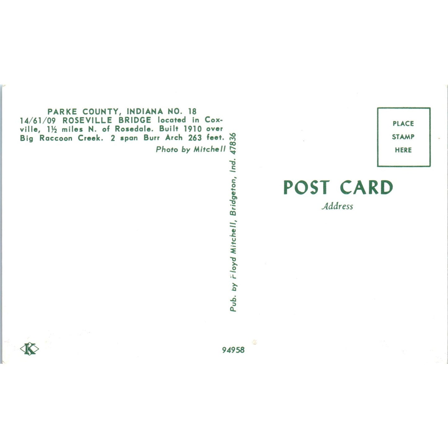 Roseville Bridge Parke County Indiana #18 Covered Bridge Postcard PB10