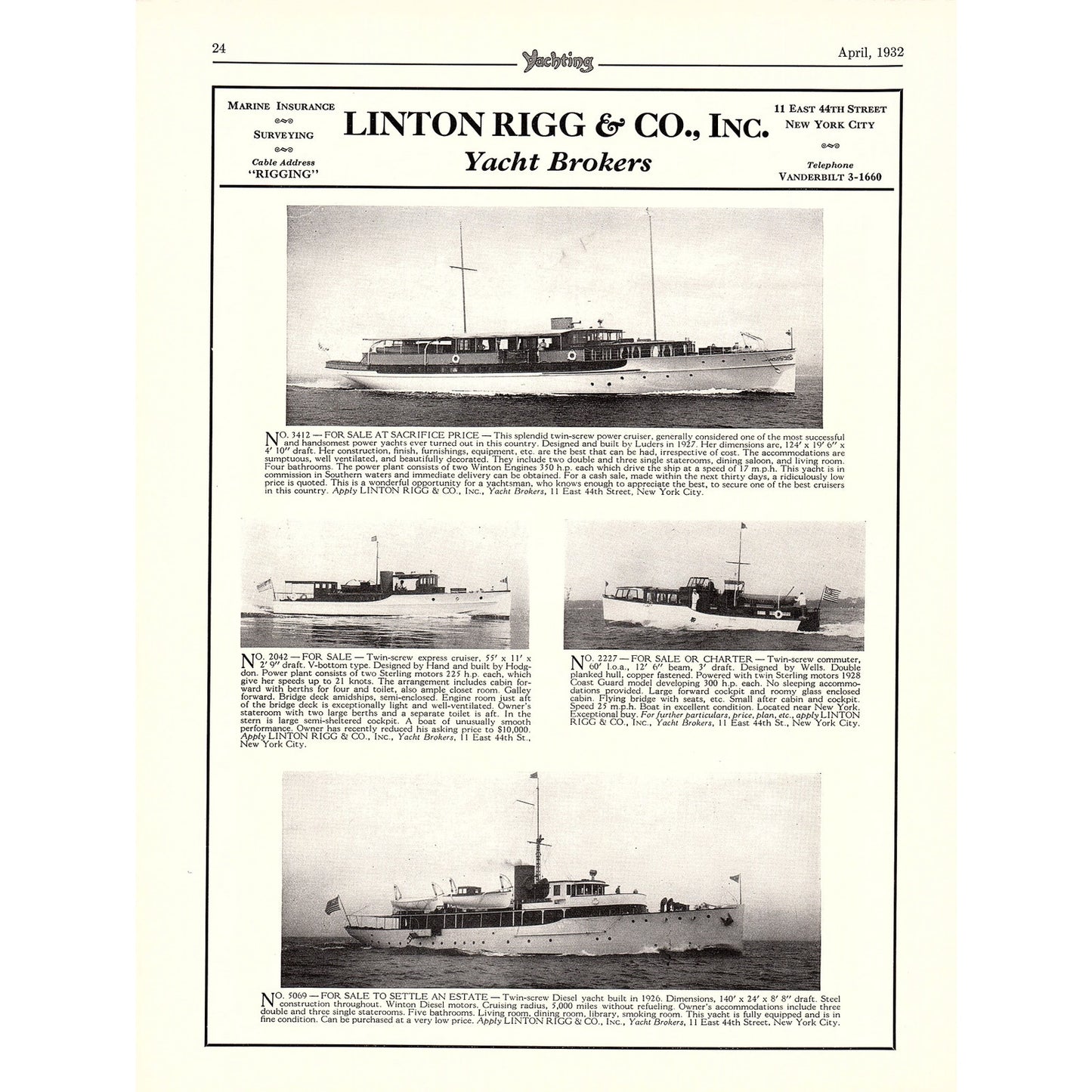 John H. Wells NYC, Linton Rigg & Co Yacht Brokers NYC 1932 Ad V1-4