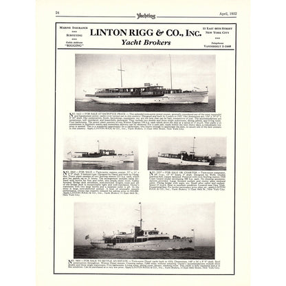 John H. Wells NYC, Linton Rigg & Co Yacht Brokers NYC 1932 Ad V1-4