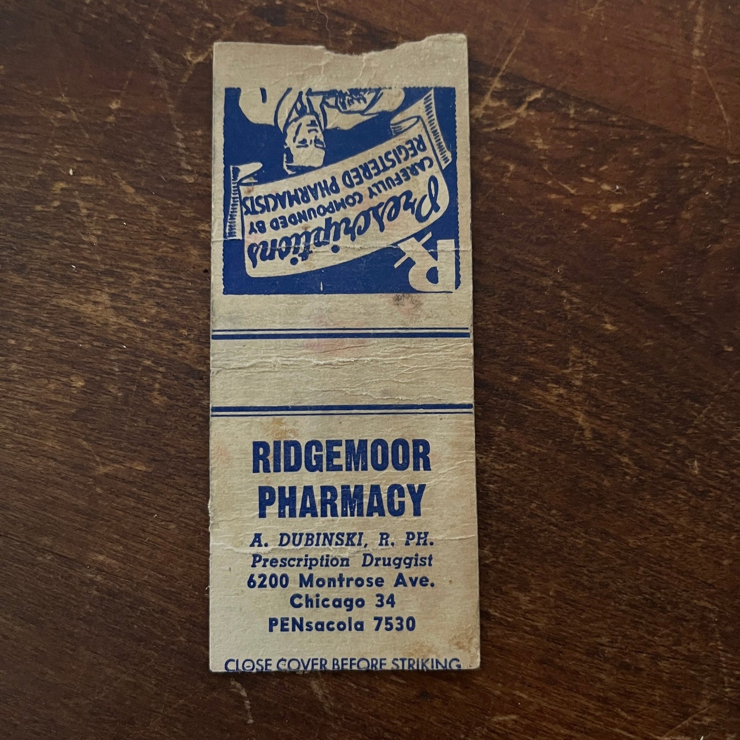 Ridgemoor Pharmacy A. Dubinski Chicago Vintage Matchbook Cover SD2-Y6