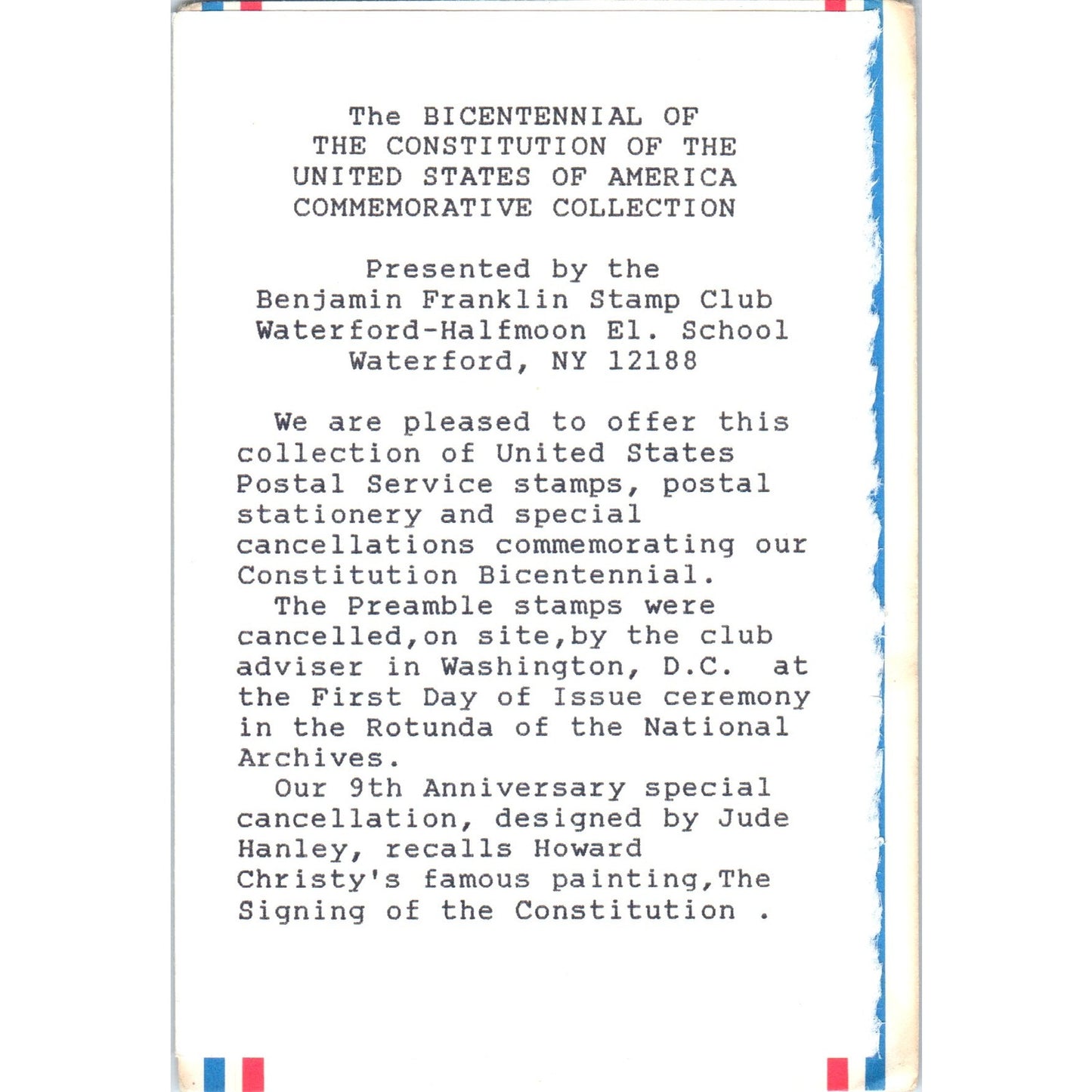 1987 Benjamin Franklin Stamp Club Cover Letter and Postal Cover AB6-TZ