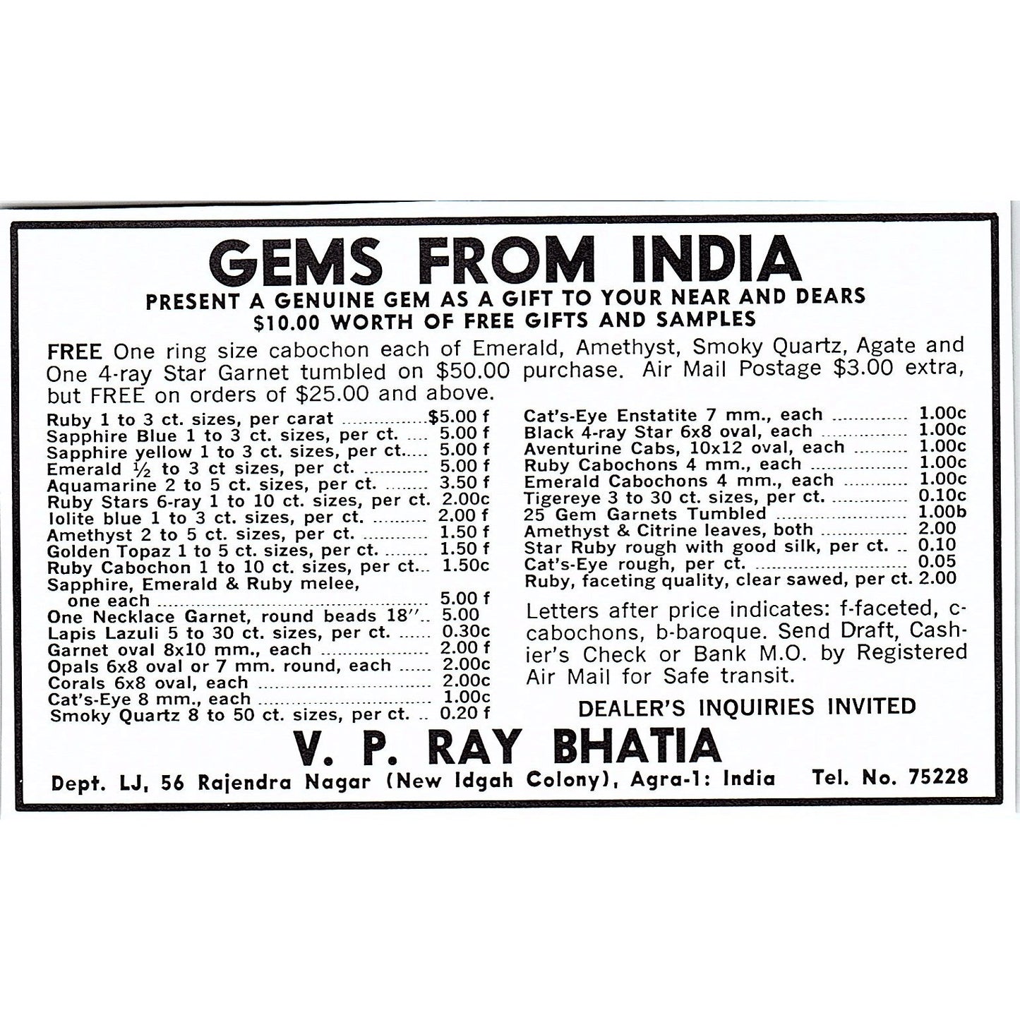 V.P. Ray Bhatia Gems From Agra India 1972 Ad AF8-M4