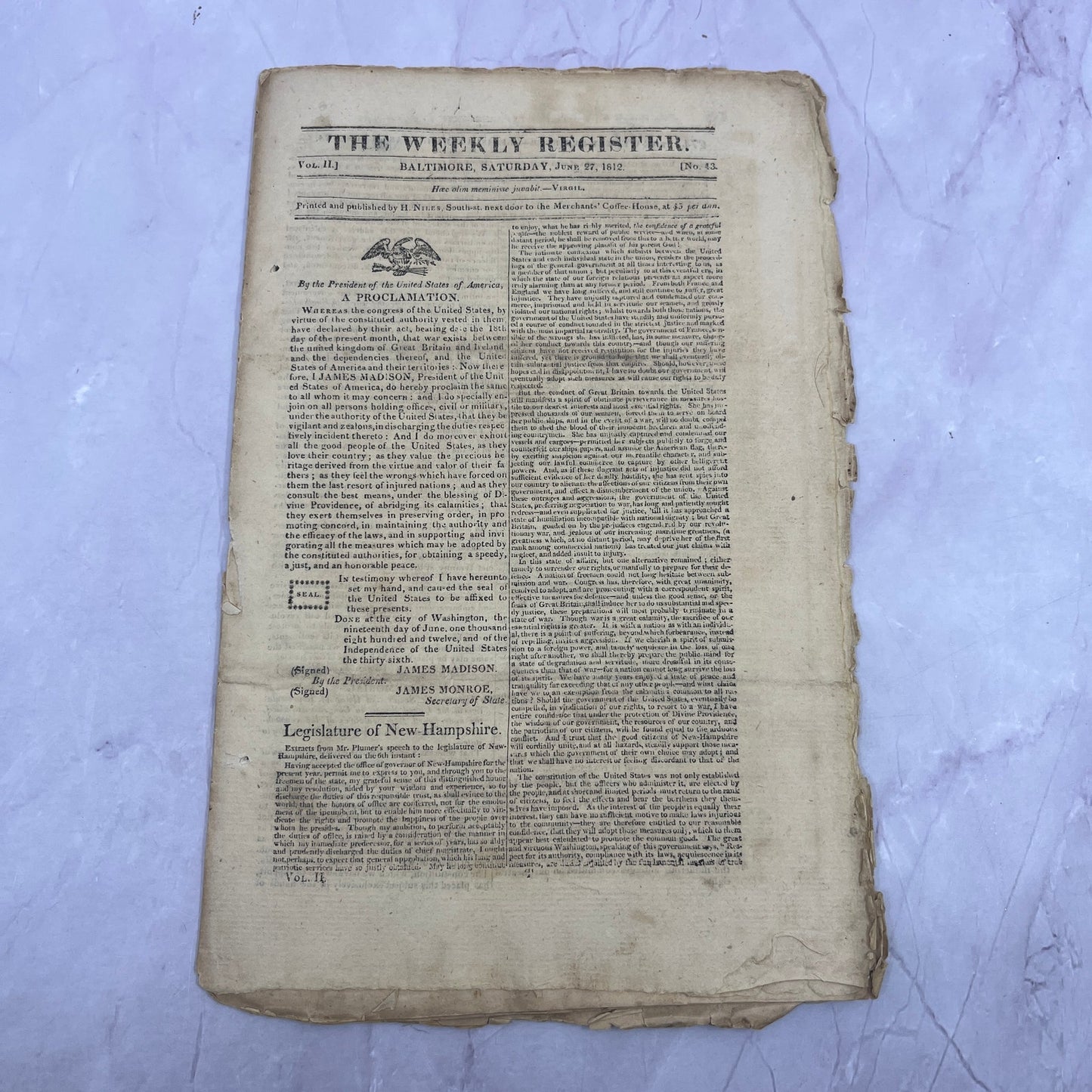 Baltimore Weekly Register June 27, 1812 - War of 1812 Madison Proclamation AF9-6