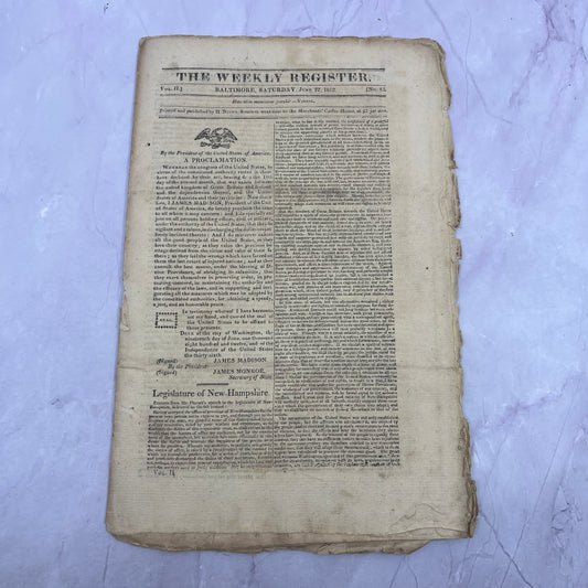 Baltimore Weekly Register June 27, 1812 - War of 1812 Madison Proclamation AF9-6