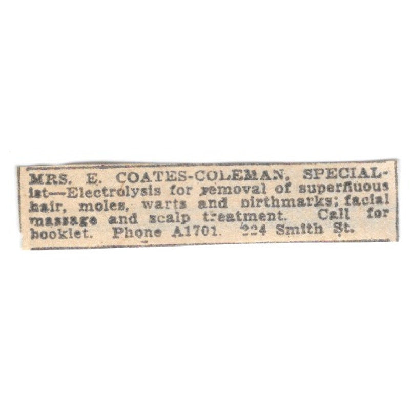 Mrs E Coates-Coleman Electrolysis 224 Smith St Winnipeg 1920 Ad AG2-S13