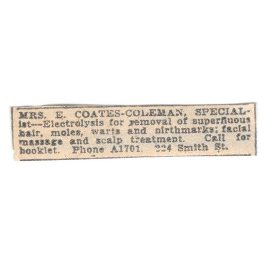 Mrs E Coates-Coleman Electrolysis 224 Smith St Winnipeg 1920 Ad AG2-S13
