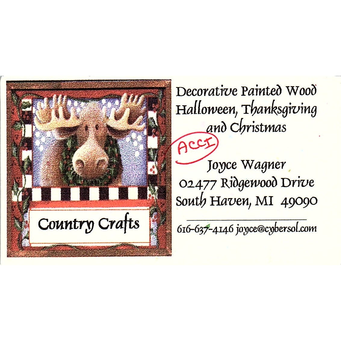Joyce Wagner Country Crafts South Haven MI Vintage Business Card SC9-B10
