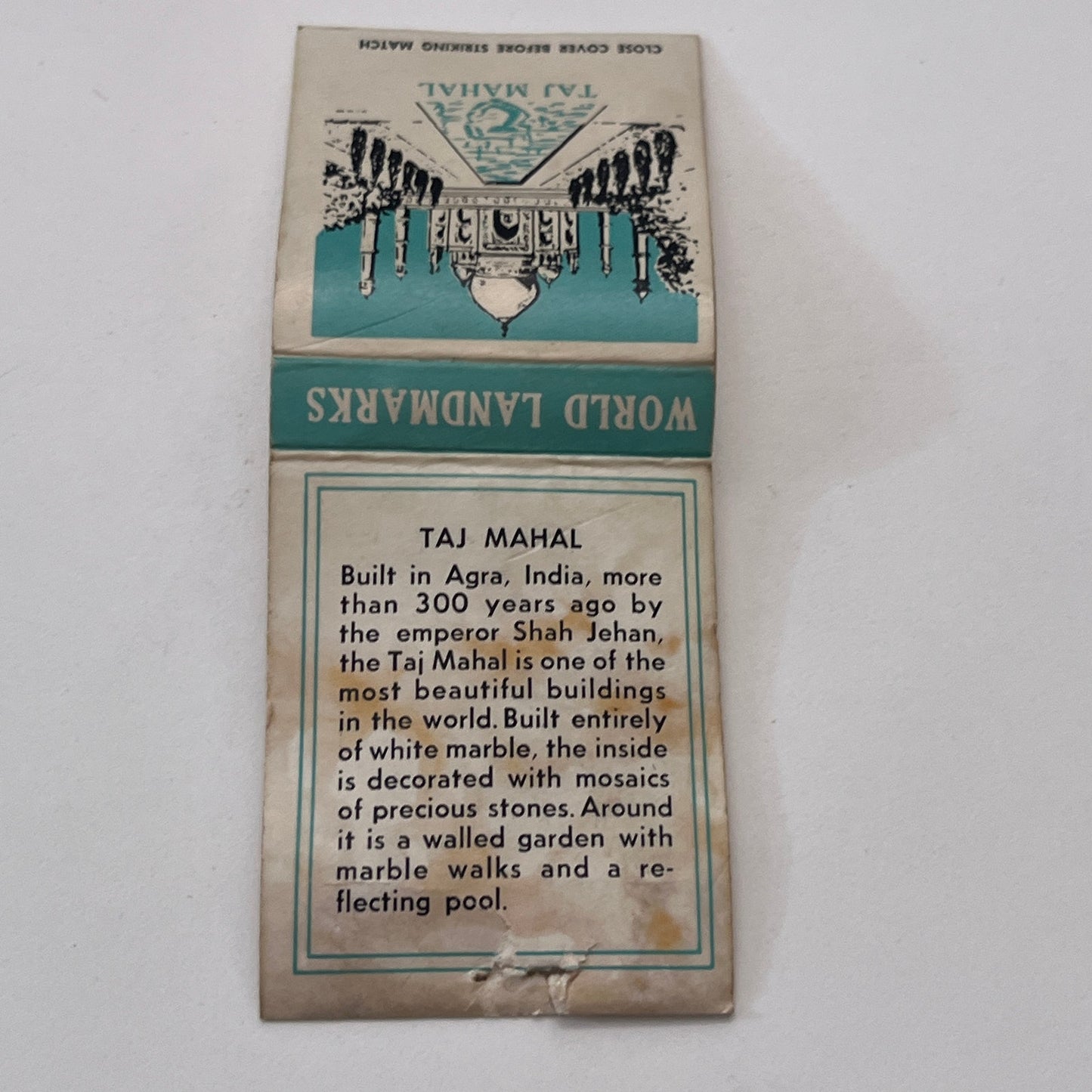 World Landmarks Taj Mahal Vintage Matchbook Cover MM3-2