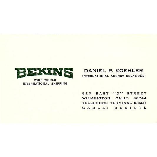 Bekins Wide World Shipping Daniel P. Koehler Wilmington CA Business Card SB4-B6