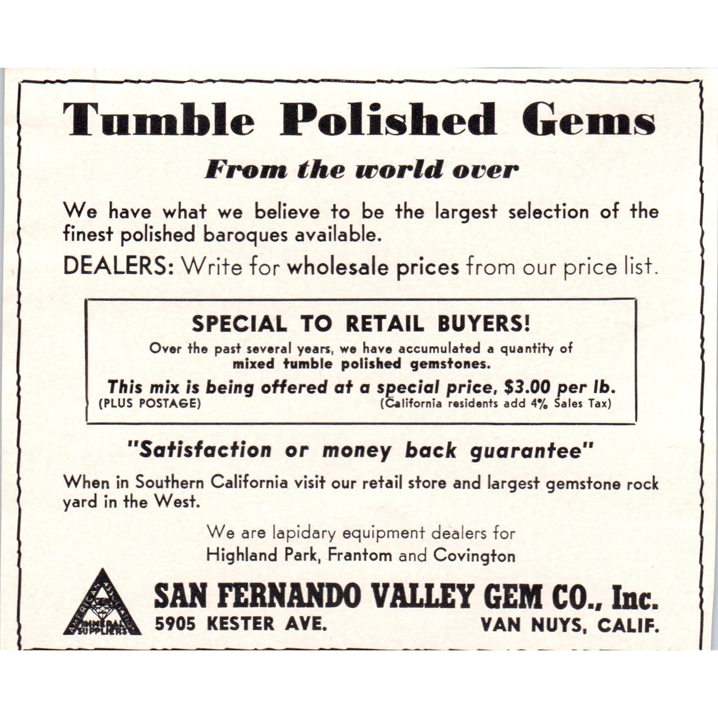 San Fernando Valley Gem Co Polished Gems Van Nuys CA 1964 Magazine Ad AB6-LL1