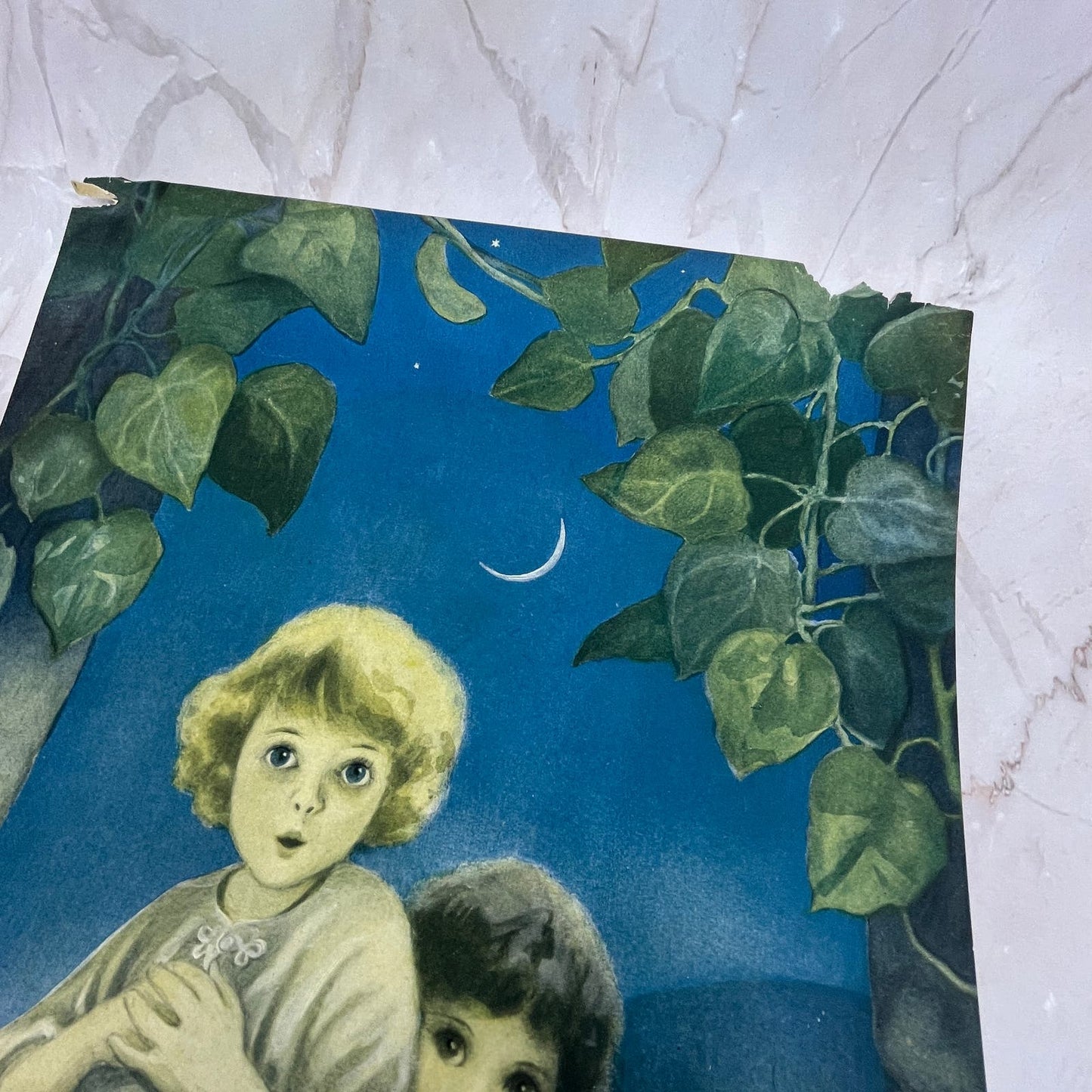 Young Children in the Moonlight Kitsch Vintage Art Print Lithograph 10x16 FL6-3