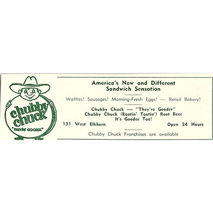 Chubby Chuck Sandwiches, Pearl Adams Beauty Shop 1957 Estes Park CO Ad AG4-M1