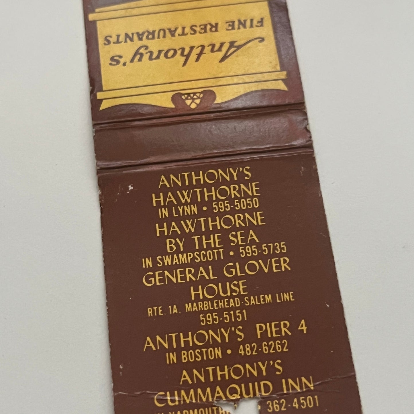 Anthony's Fine Restaurants Hawthorn Lynn MA Vintage Matchbook Cover MM4-1