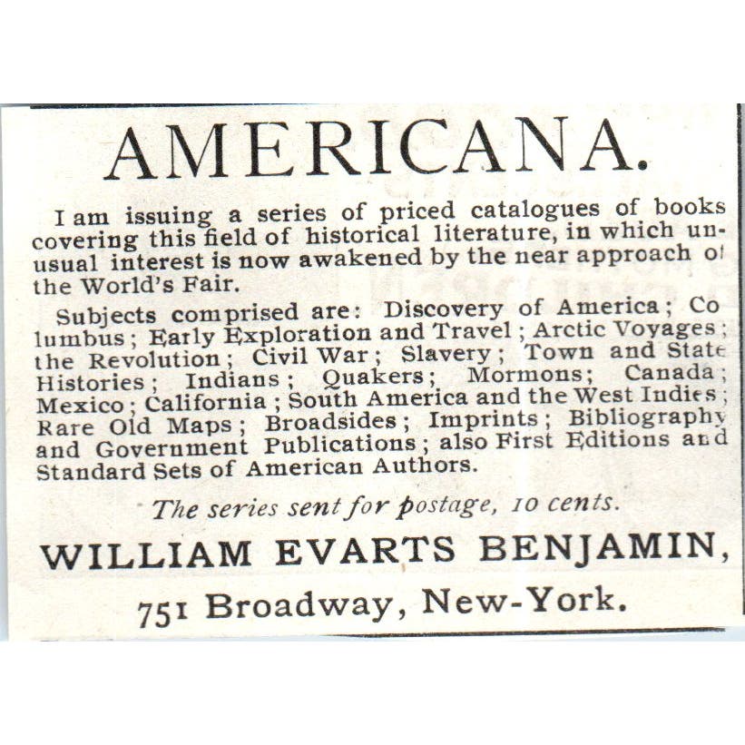 William Evarts Benjamin Americana NY c1890 Victorian Ad AE8-CH9