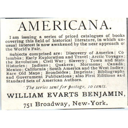 William Evarts Benjamin Americana NY c1890 Victorian Ad AE8-CH9