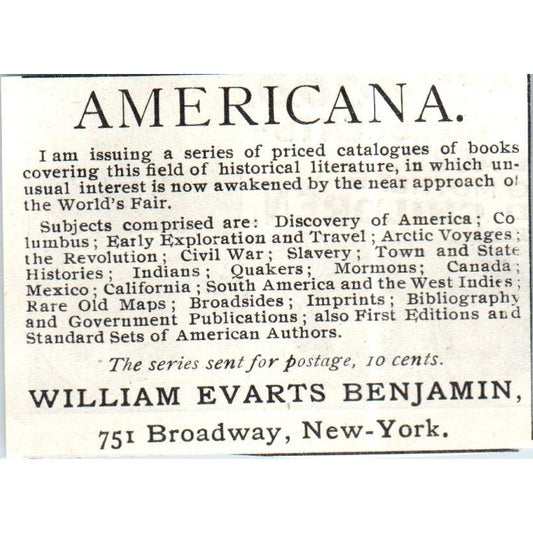 William Evarts Benjamin Americana NY c1890 Victorian Ad AE8-CH9