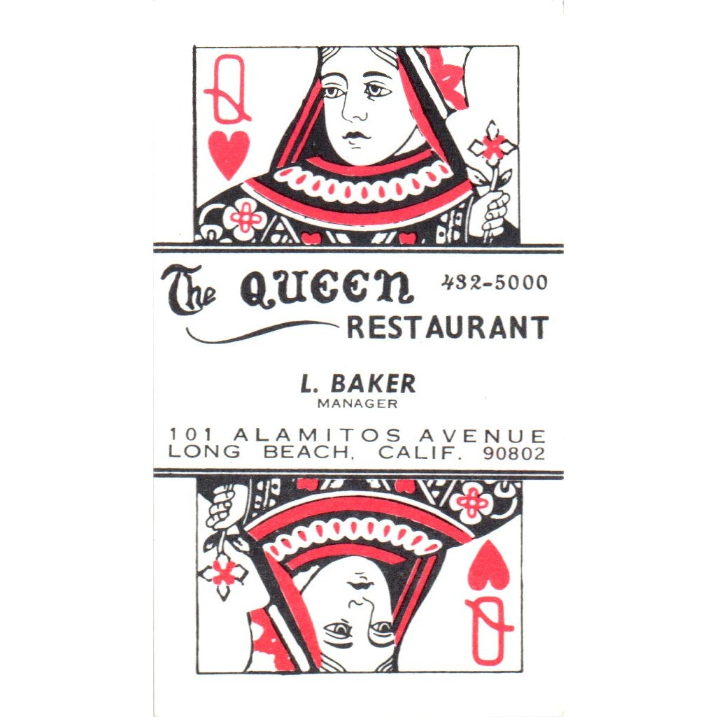 The Queen Restaurant L. Baker Long Beach CA Vintage Business Card SD8-B7