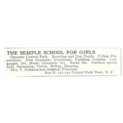 The Semple School for Girls Mrs T Darrington Central Park West NY 1924 Ad AD8-O7