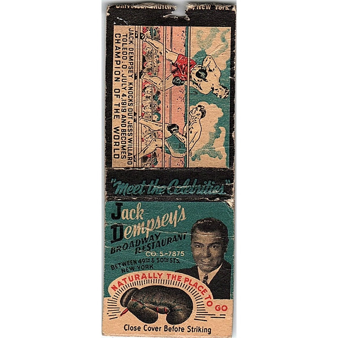 Jack Dempsey's Broadway Restaurant Jess Willard Fight NY Matchbook Cover SC7-Y4