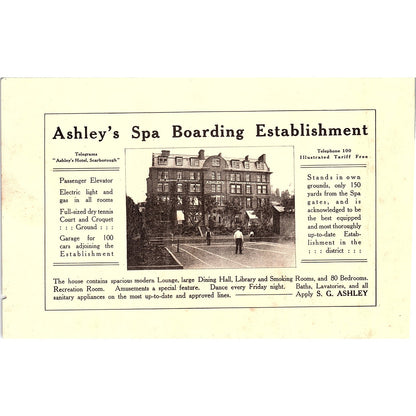 Ashley's Spa Boarding Establishment S.G. Ashley Scarborough c1910 Ad AF3-9