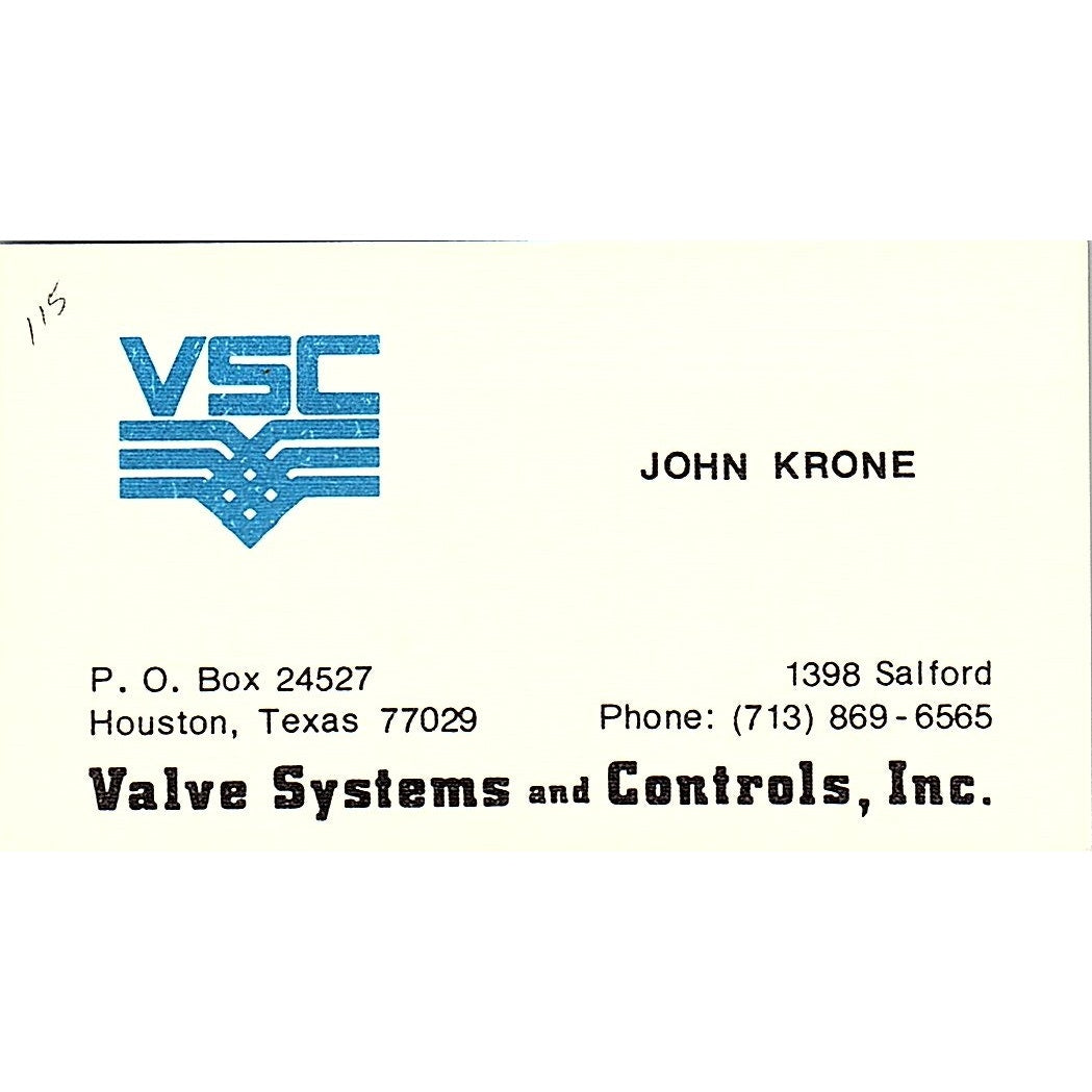 John Krone VSC Valve Systems and Controls Houston Vintage Business Card SE5-B3