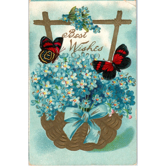 1909 Best Wishes Red Butterflies Forget-Me-Not Embossed Antique Postcard PD8