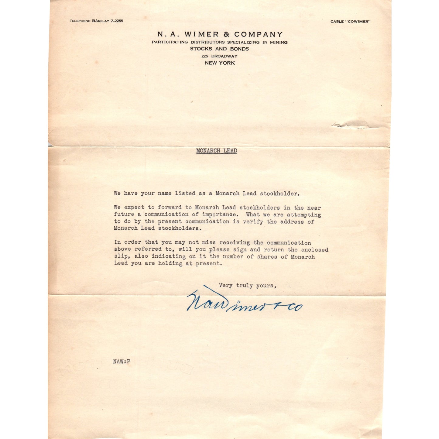 Vintage N.A. Wimer & Company New York Monarch Lead Stock Memo D23