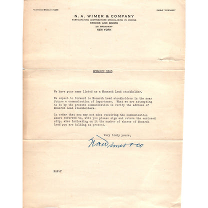 Vintage N.A. Wimer & Company New York Monarch Lead Stock Memo D23
