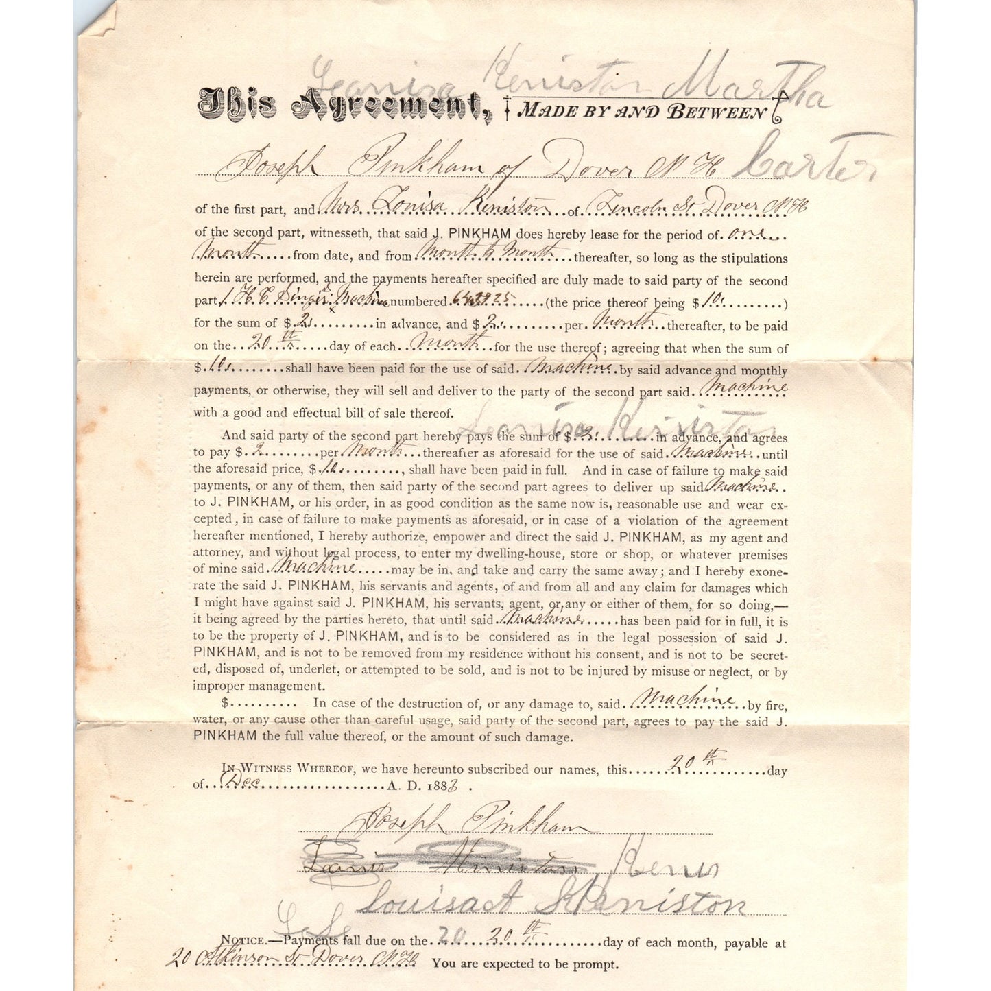 1883 Lease Agreement Louisa Keniston, Joseph Pinkham Dover NH AF7-E7