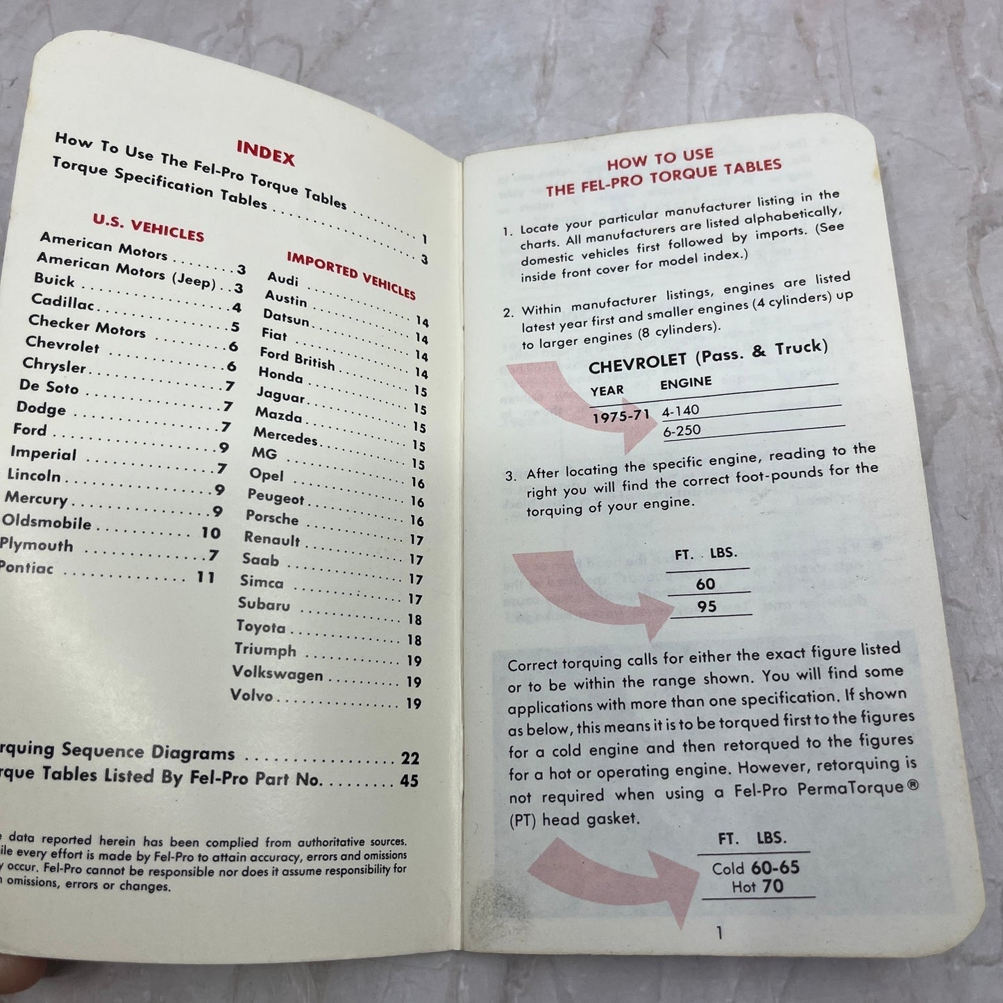 1970s Fel-Pro Torque Tables Cylinder Head Torque Specs Advertising Booklet H4-5