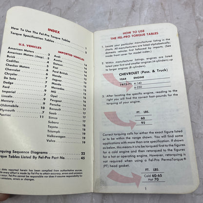 1970s Fel-Pro Torque Tables Cylinder Head Torque Specs Advertising Booklet H4-5