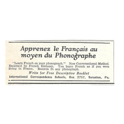 Learn French on Phonograph Correspondence School Scranton PA 1924 Ad AD8-O5