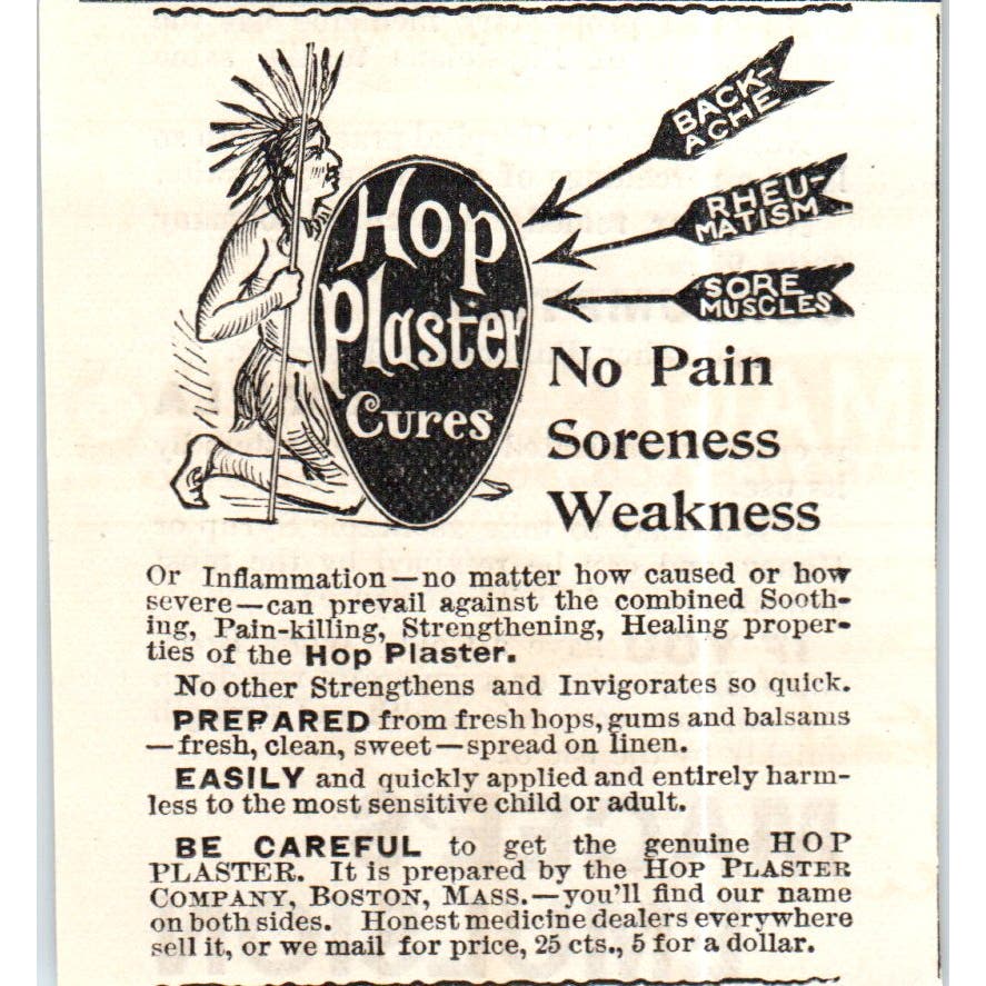 Hop Plaster Company Boston Indian Quackery c1890 Victorian Ad AE8-CH10