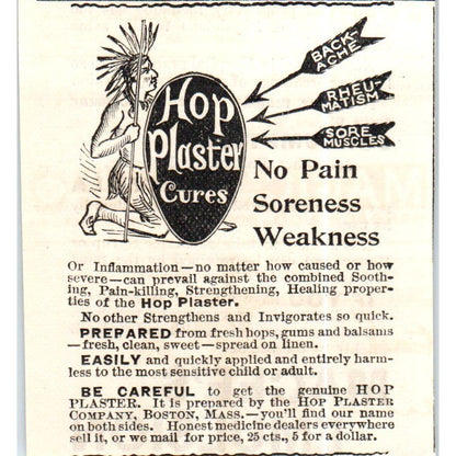 Hop Plaster Company Boston Indian Quackery c1890 Victorian Ad AE8-CH10