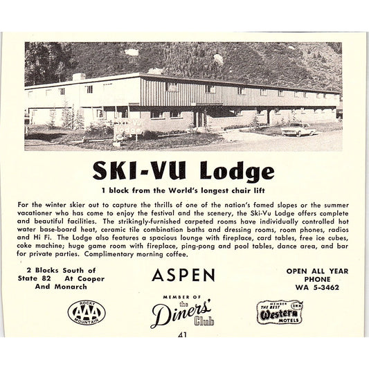 Ski-Vu Lodge Aspen CO 1958 Ad AG1-H4