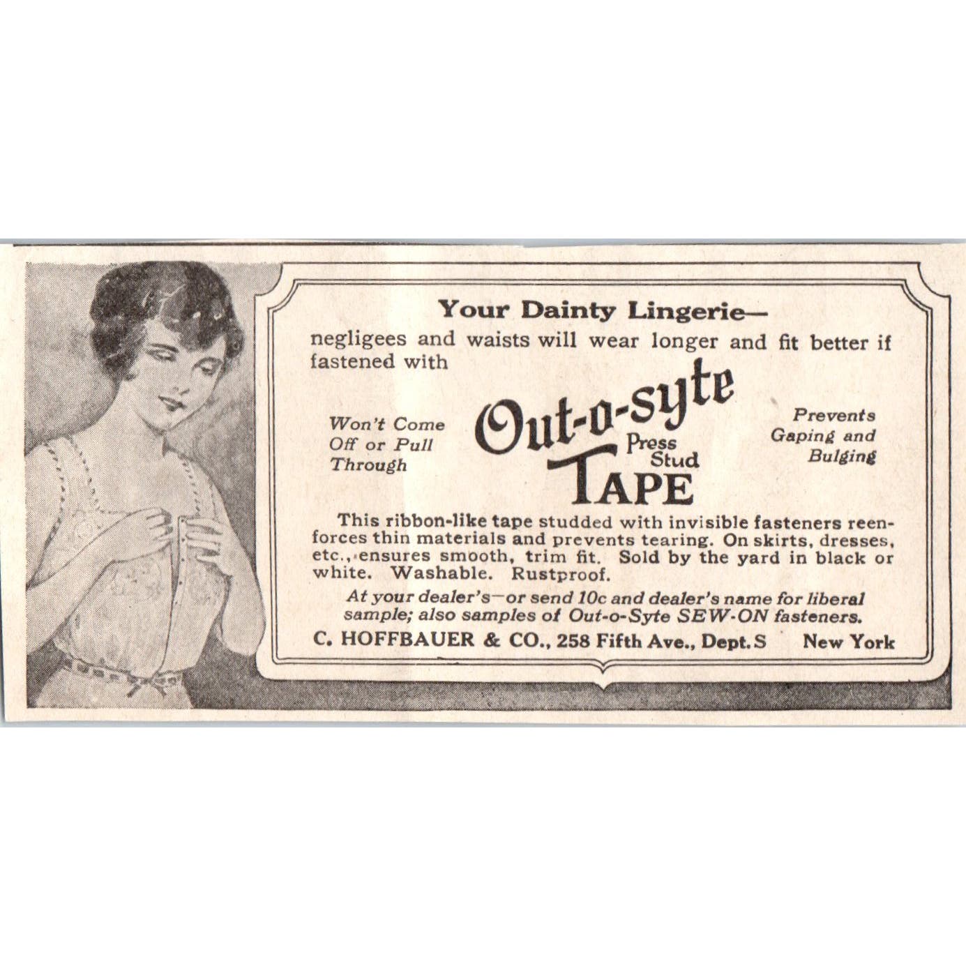C. Hoffbauer & Co Out-a-Syte Press Stud Tape NY 1918 Magazine Ad AF1-WH1