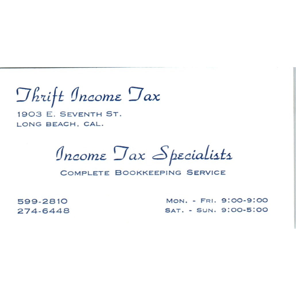 Thrift Income Tax Specialists Long Beach CA Vintage Business Card SD8-B9