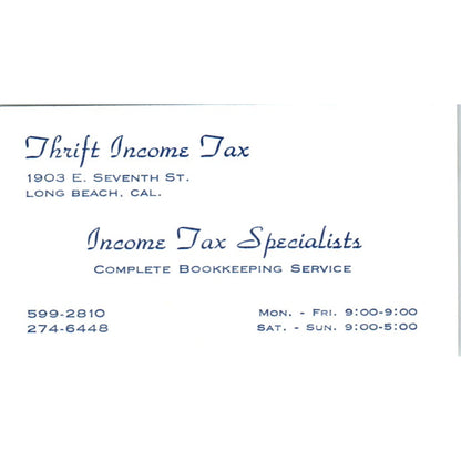 Thrift Income Tax Specialists Long Beach CA Vintage Business Card SD8-B9