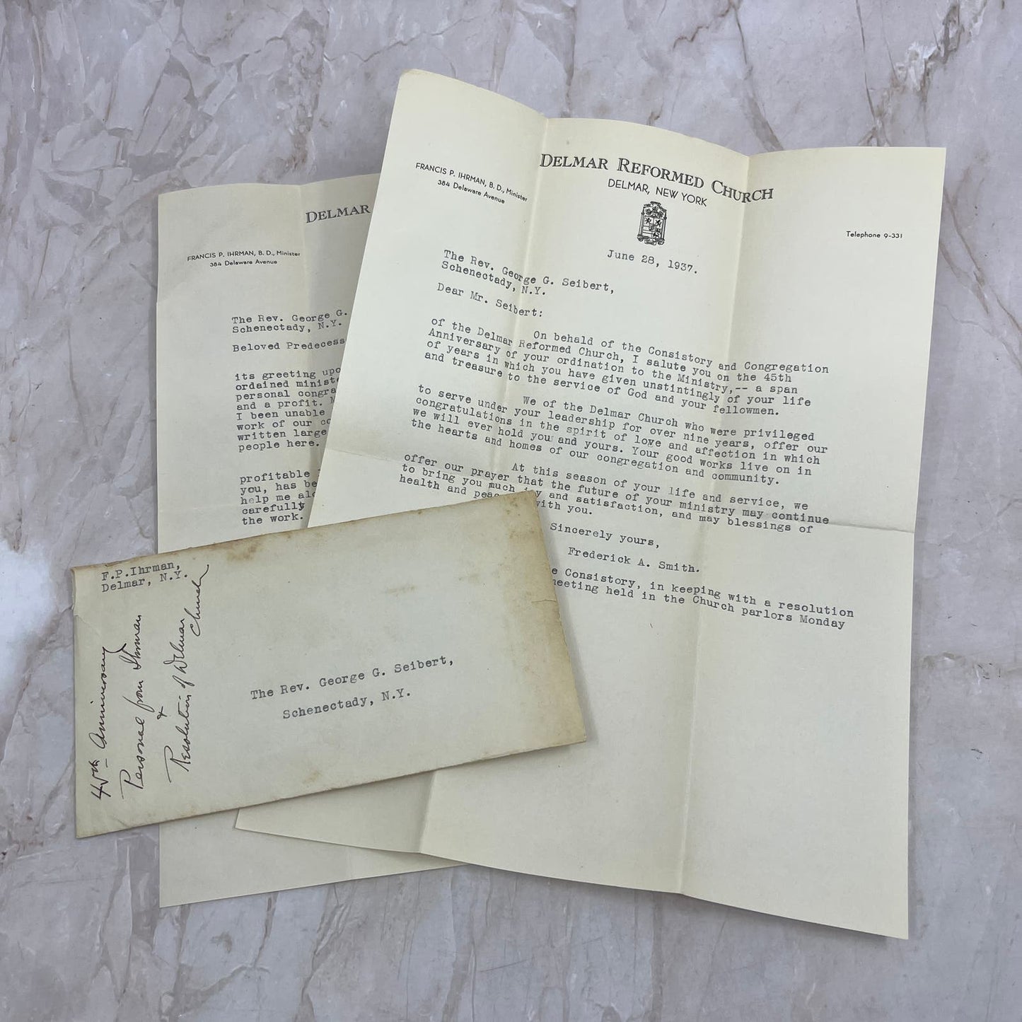 1937 Delmar Reformed Church Letter Rev. George G. Seibert Schenectady NY TG9-E1