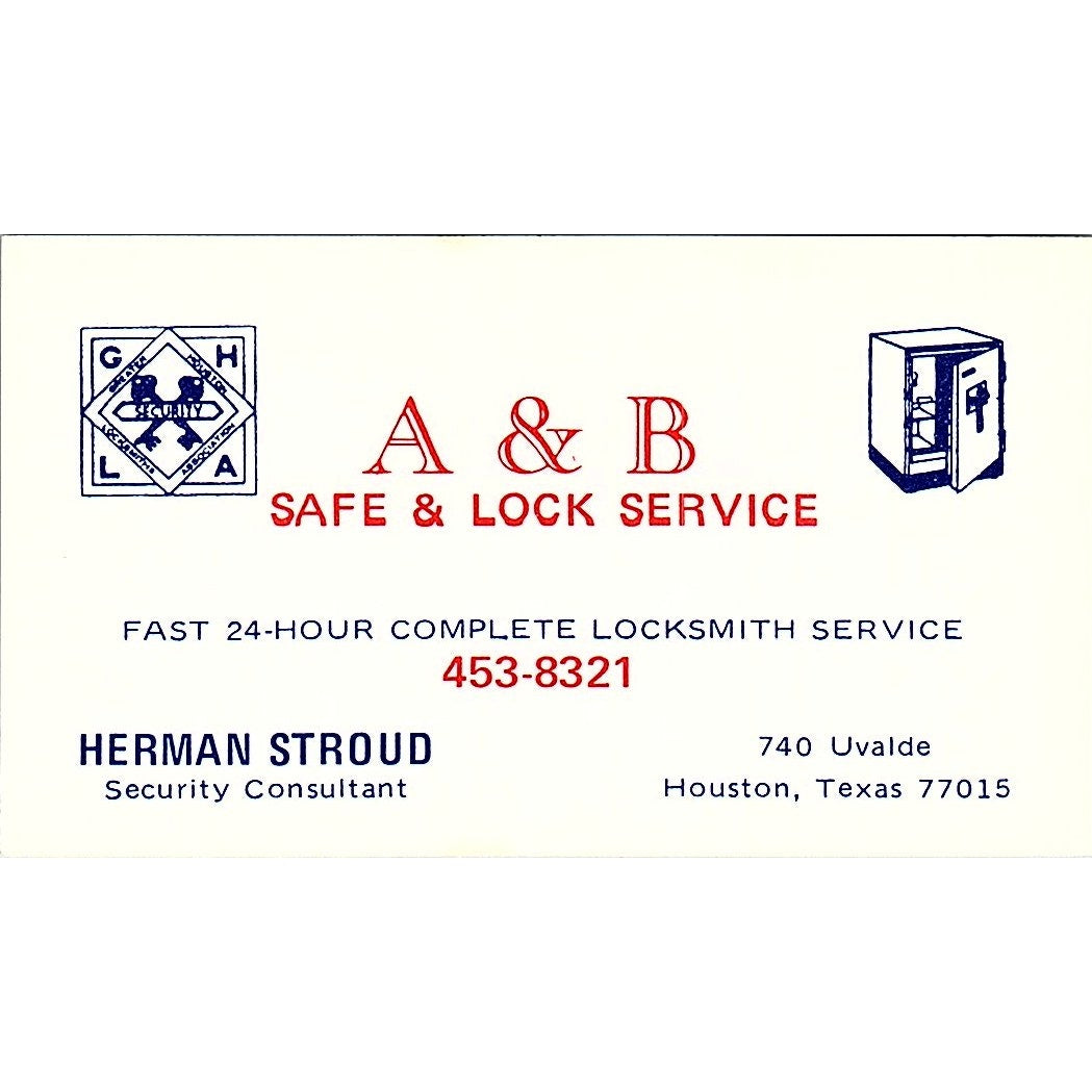A & B Safe & Lock Service Herman Stroud Houston TX Vintage Business Card SB4-B3