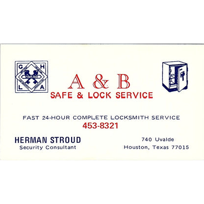 A & B Safe & Lock Service Herman Stroud Houston TX Vintage Business Card SB4-B3